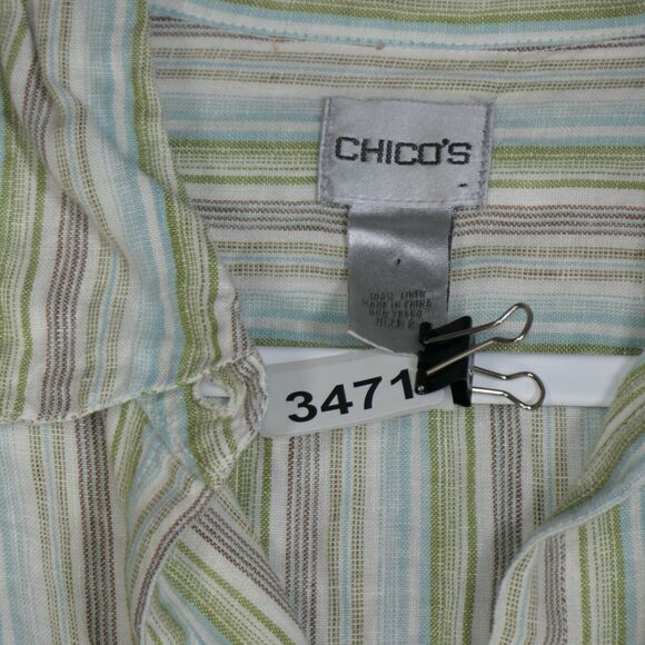 Chicos Blouse Womens Size 2 Green Stripe 100% Linen Long Sleeve Collared - Picture 8 of 8
